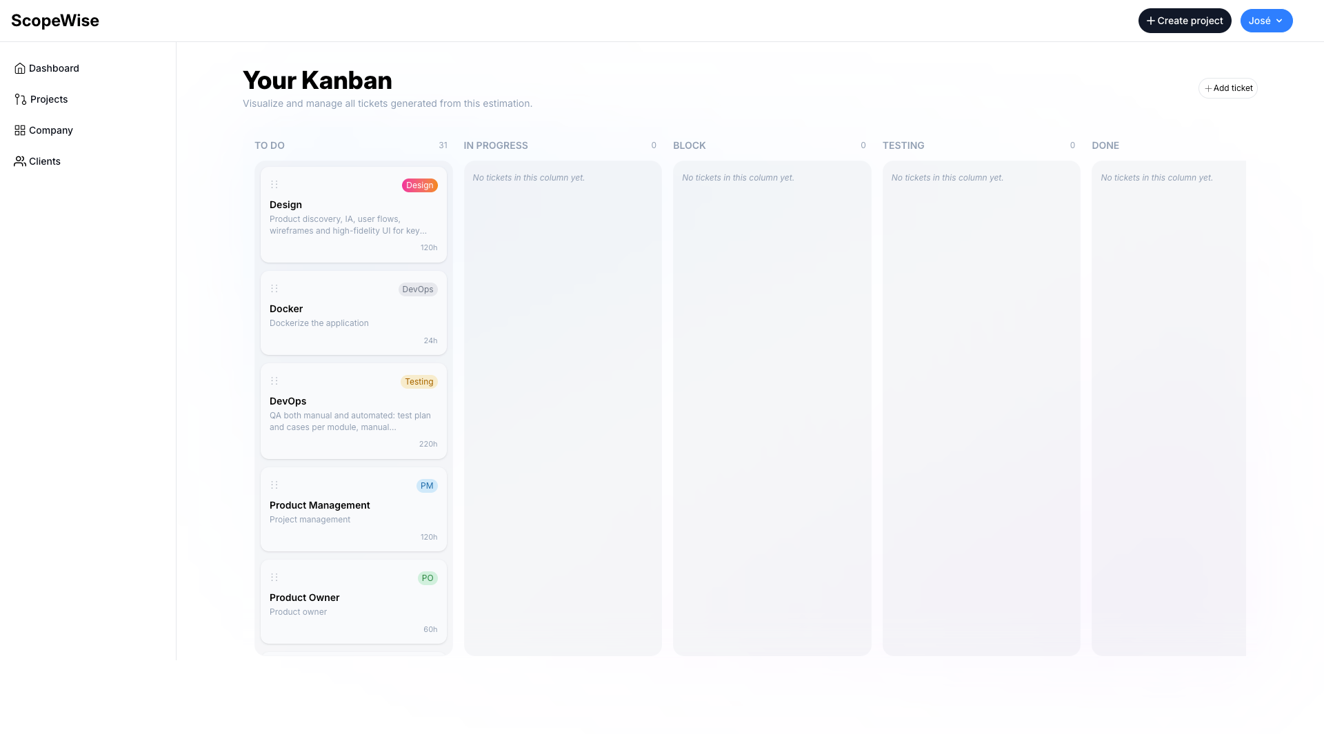 ScopeWise Kanban board